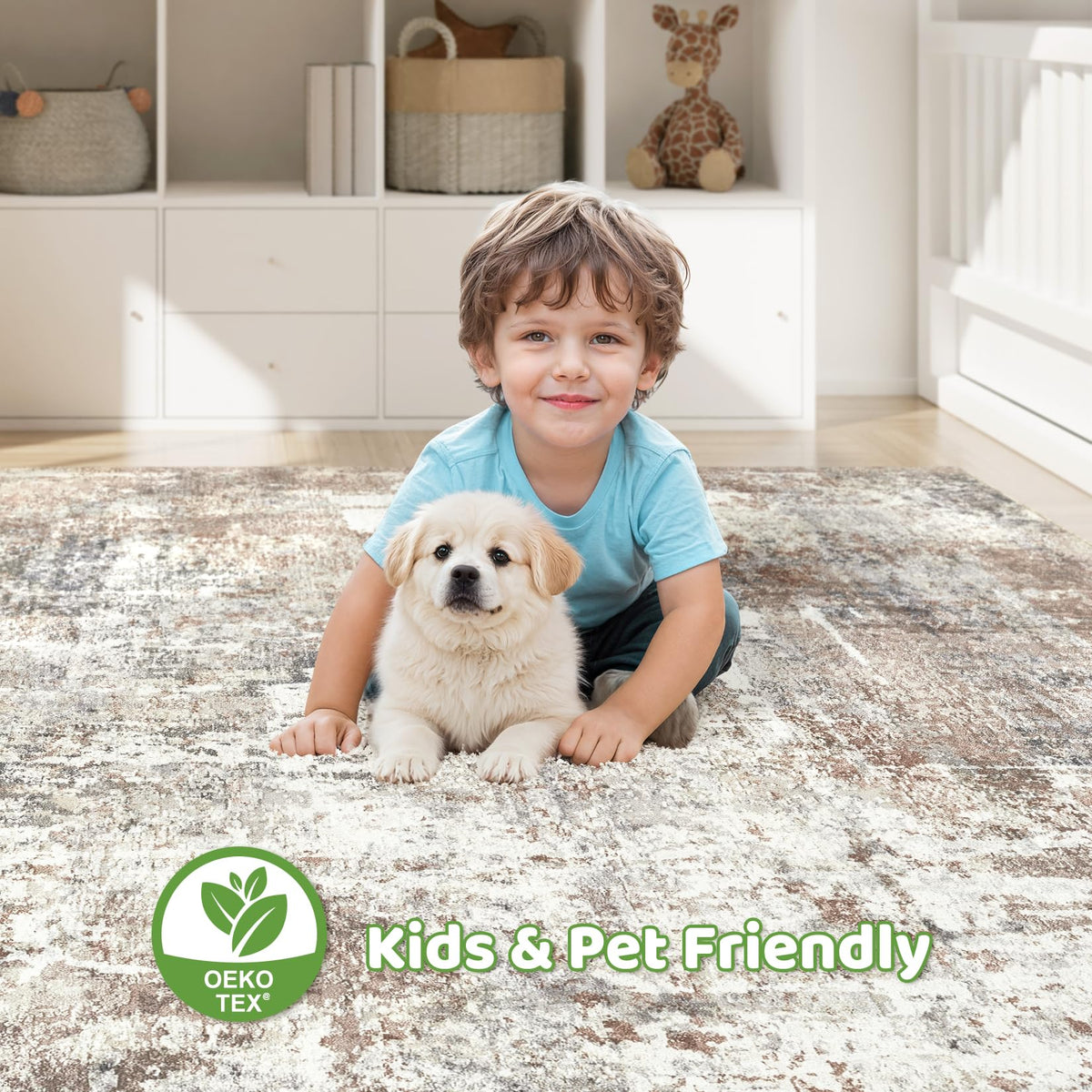 LOONGRUG stain-resistant surface suits homes with kids and pets.