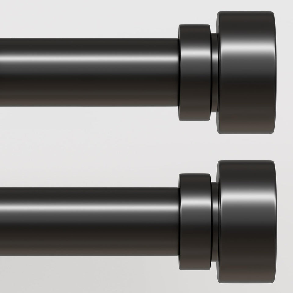Lootkell curtain rod in black finish close-up highlighting sleek finials for a modern look.