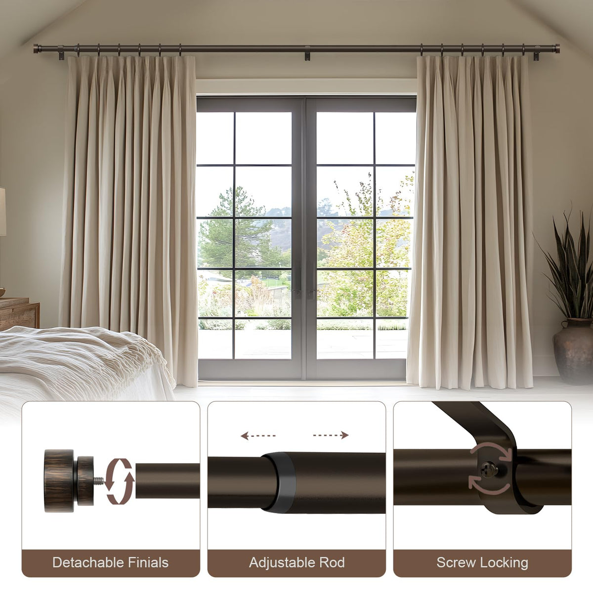 Lootkell telescoping adjustable curtain rod adapts to multiple window sizes.