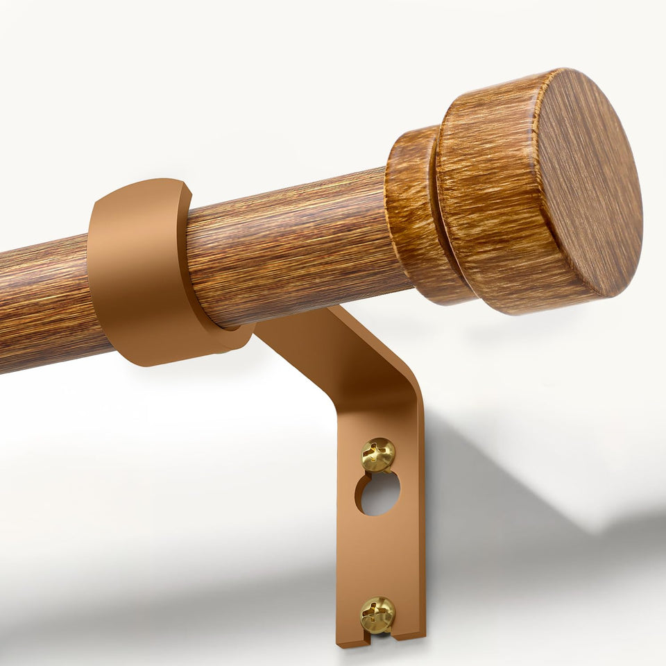 Lootkell wood curtain rod 48-84 inches with wood-grain finish for a cohesive living room