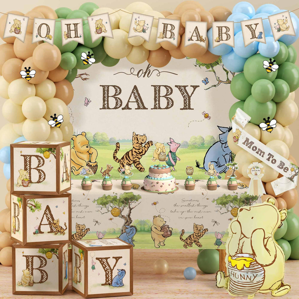 Lopeastar Winnie arch backdrop for a charming neutral baby shower