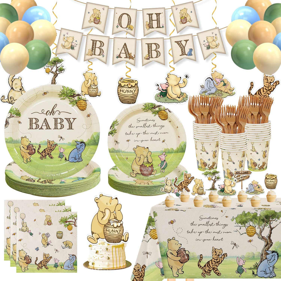Lopeastar classic Winnie Bear plates set with honey pot design for neutral baby showers