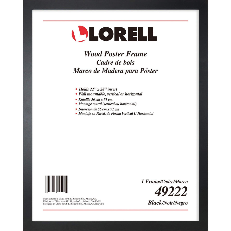 Lorell solid wood poster frame 22x28 black front view showcases clean lines and versatile mounting options.