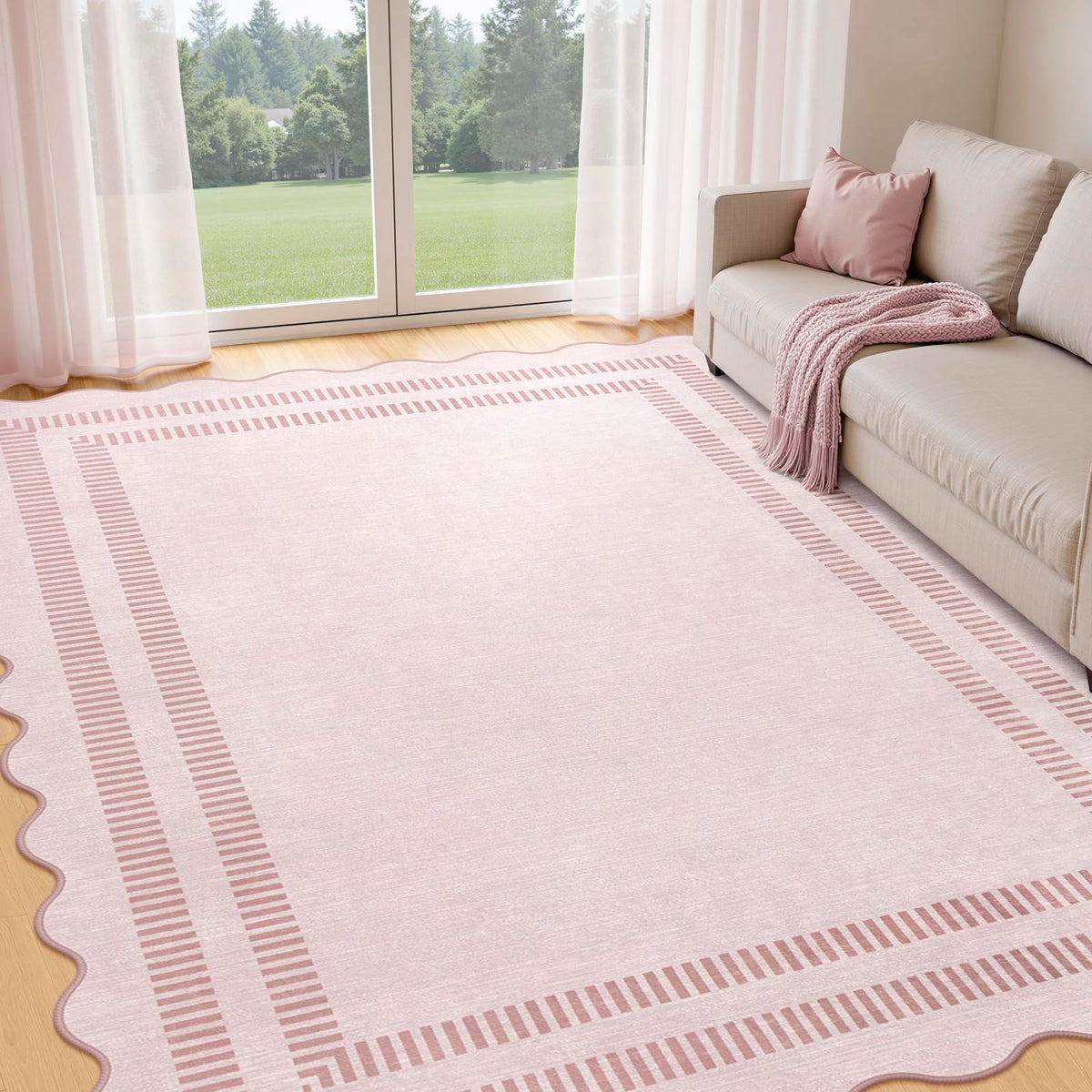 LORWER Pink Rug 8x10 in living room provides soft comfort and a cozy focal point.
