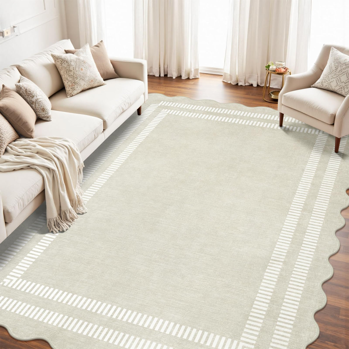 Lorwer solid ivory scalloped-edge rug enhances nursery decor.