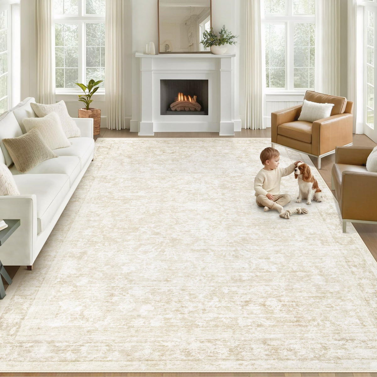 Losbulake 8x10 area rug front-view floral beige for soft underfoot warmth.