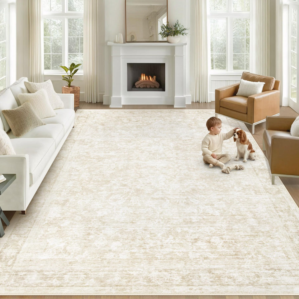 Losbulake 8x10 area rug front-view floral beige for soft underfoot warmth.