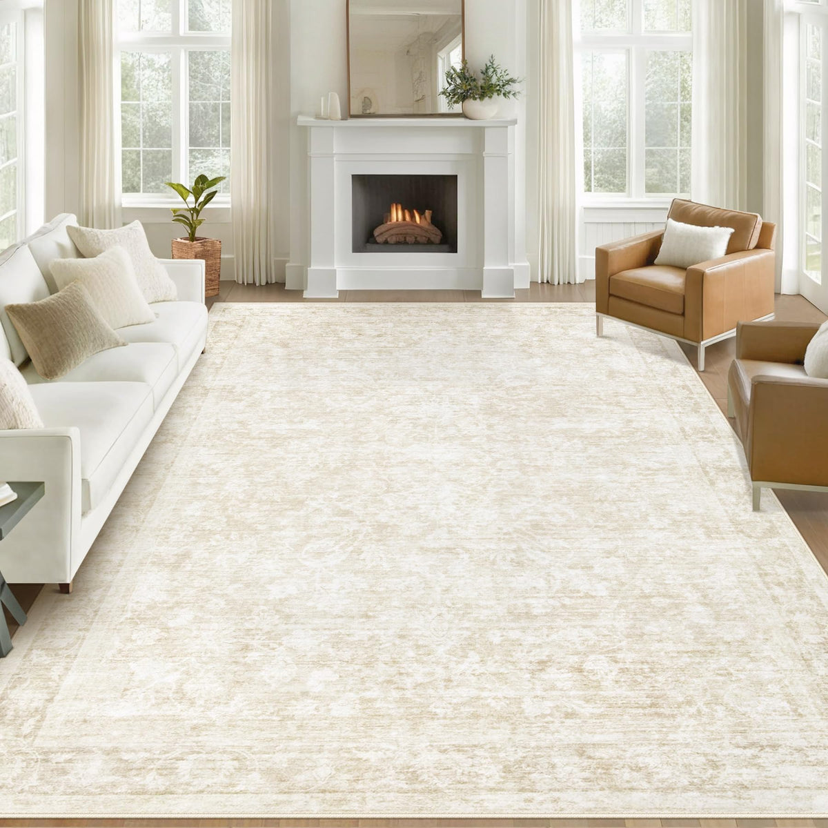 Losbulake 9x12 washable rug with beige floral pattern for easy cleaning and cozy ambiance.