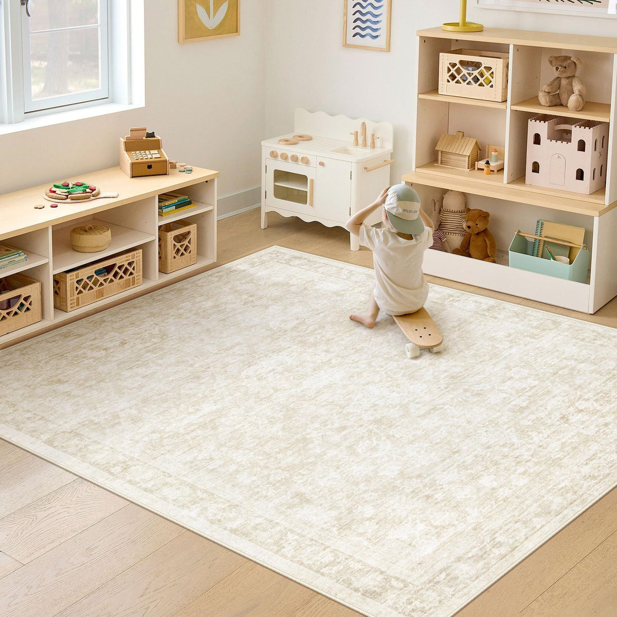 Losbulake beige rug enhances living rooms and bedrooms with floral style
