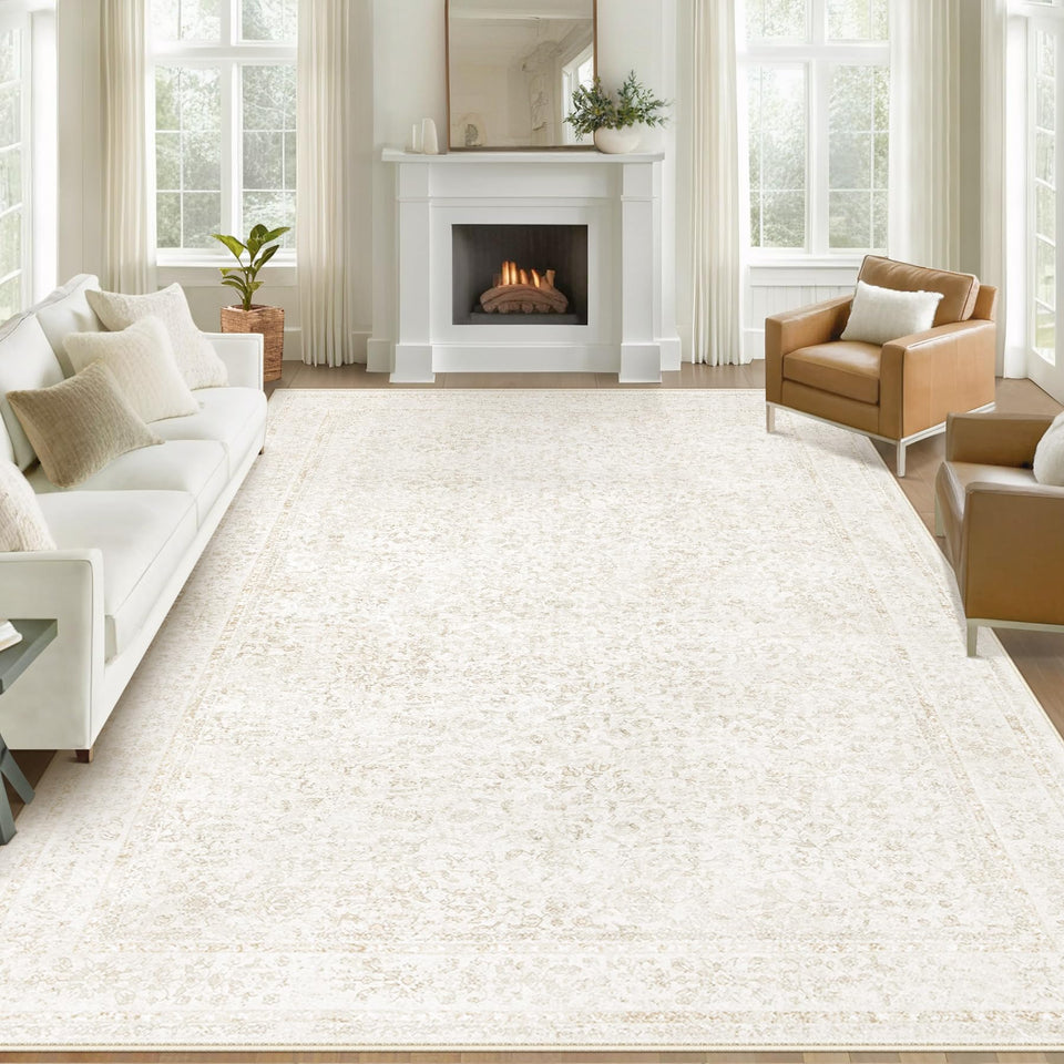Losbulake floral beige 8x10 rug front view showing timeless pattern for living rooms.