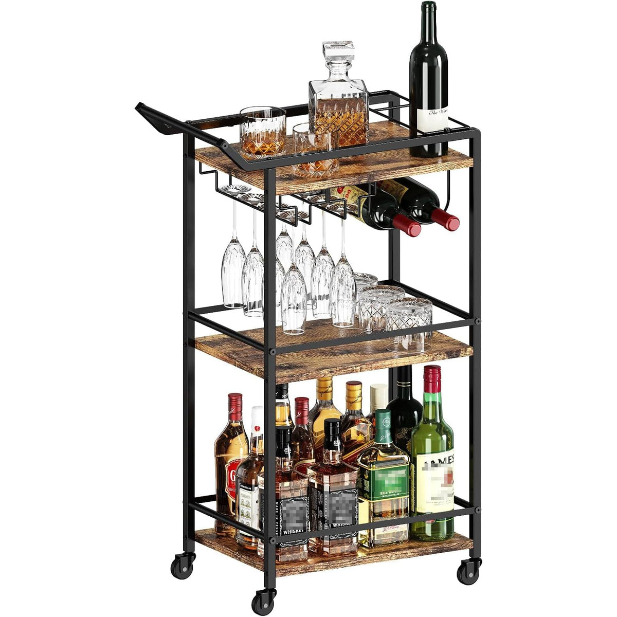 LOTEYIKE 3-Tier Bar Cart full view shows rustic brown finish for entertaining.