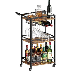 LOTEYIKE 3-Tier Bar Cart full view shows rustic brown finish for entertaining.