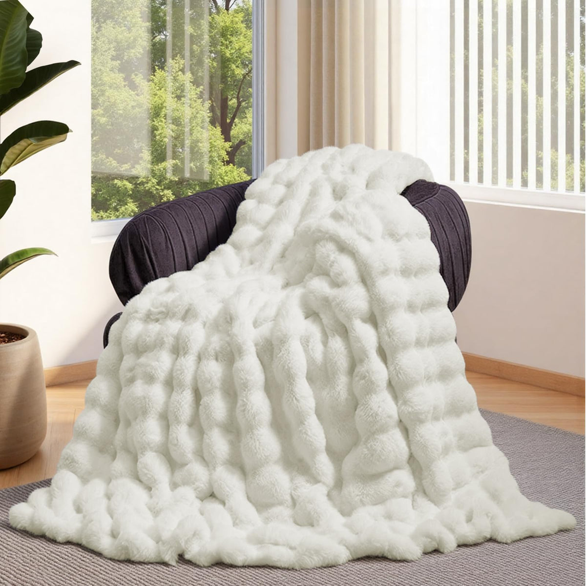 Lotus Karen bubble blanket closeup in cream white showing ultra-soft fur texture and comfort