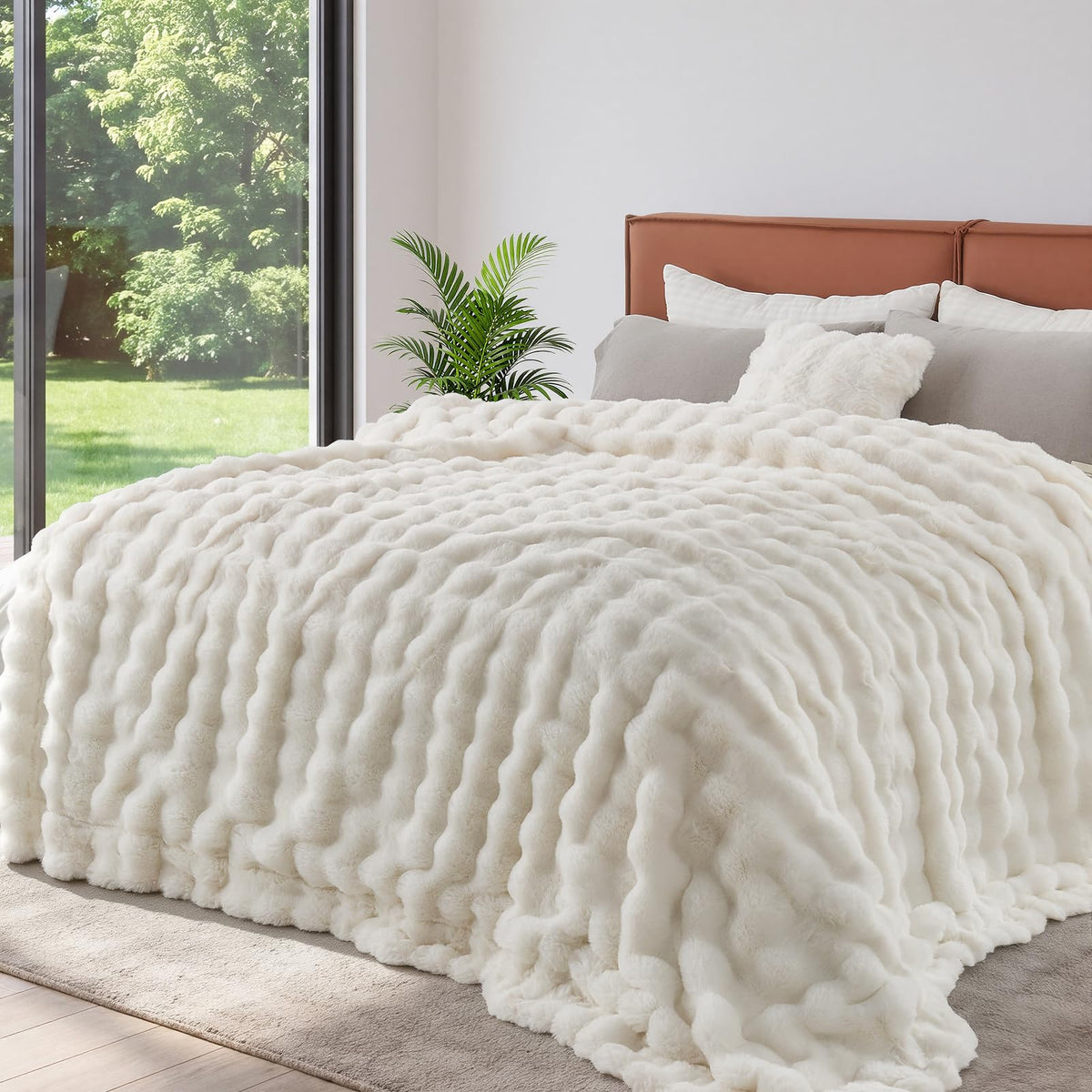 Lotus Karen queen-size faux fur blanket in cream white bubble design for cozy evenings