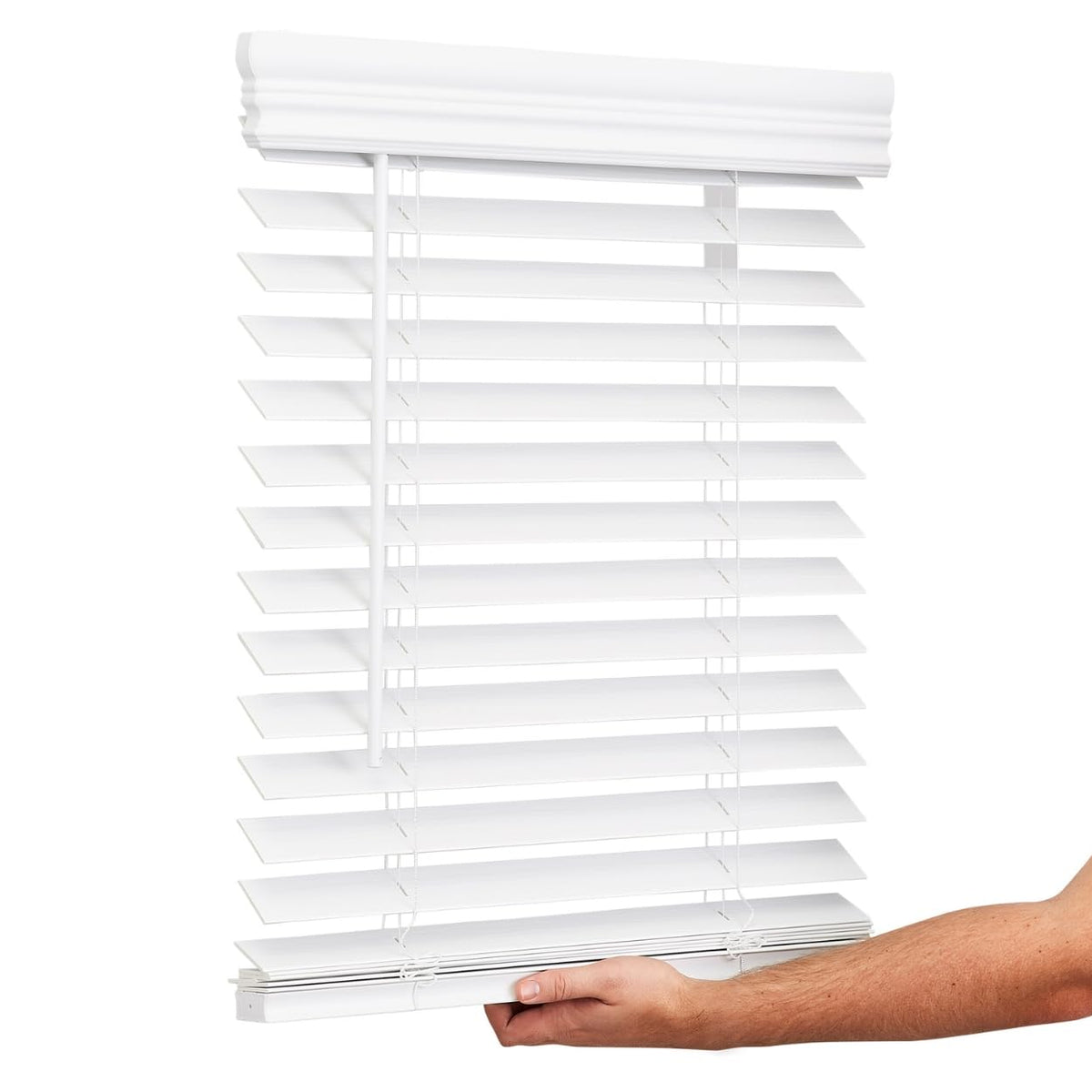 Lotus & Windoware cordless faux wood blind front view improves light control and privacy