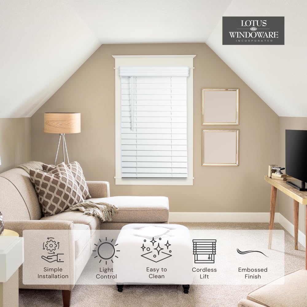 Lotus & Windoware cordless faux wood blind side profile showing slim modern silhouette