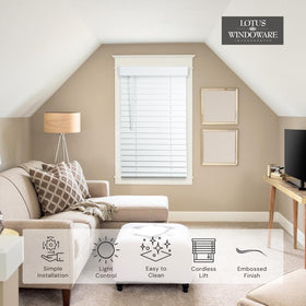 Lotus & Windoware cordless faux wood blind side profile showing slim modern silhouette
