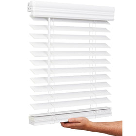 Lotus and Windoware cordless faux wood blind front view for modern privacy