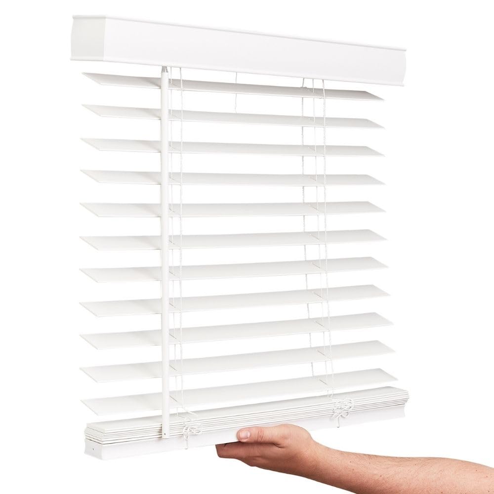 LOTUS & WINDOWARE cordless faux wood blinds Snow White with smooth 2-inch slats in a modern living room