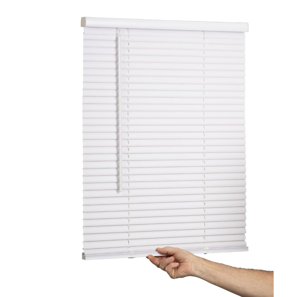 LOTUS & WINDOWARE cordless mini blind white slat close-up for privacy and modern style.