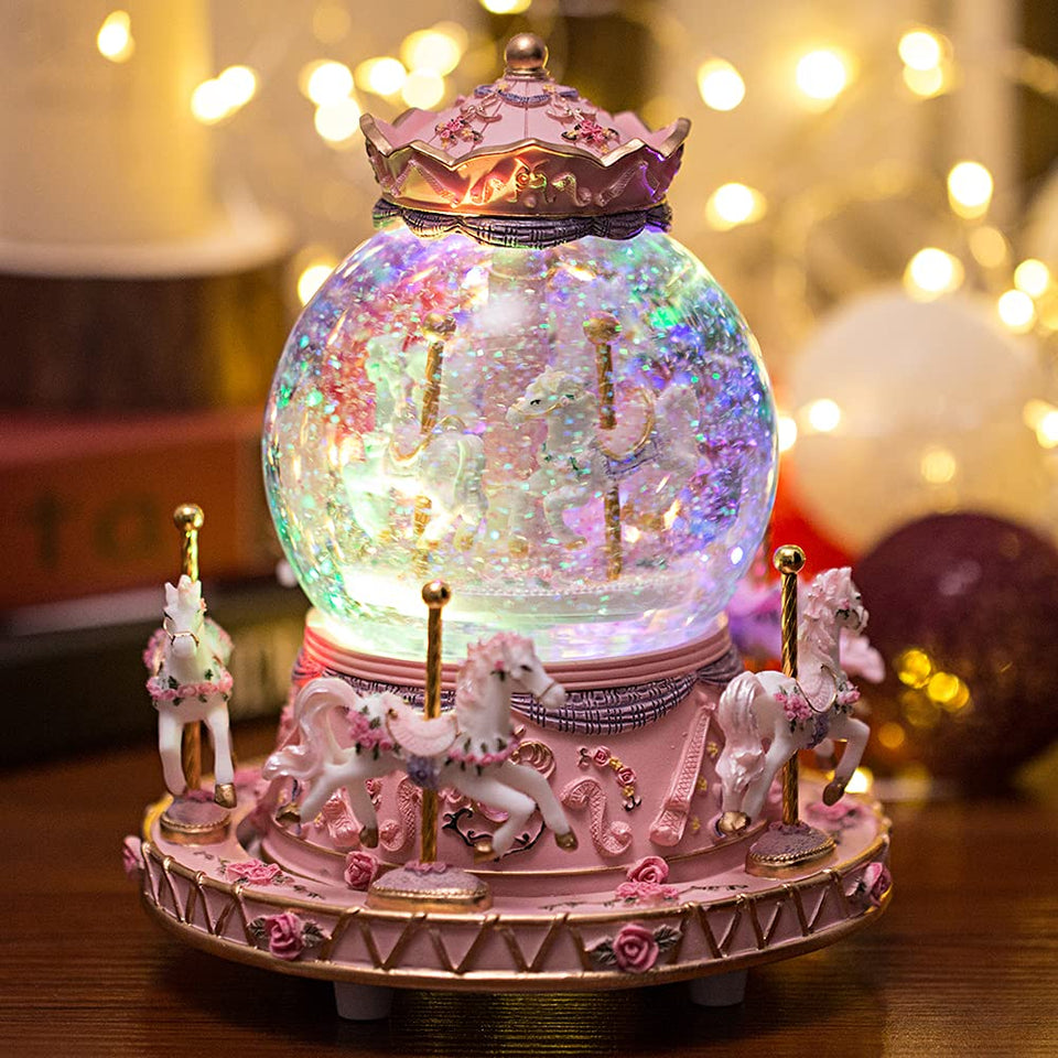 Love For You snow globe carousel with unicorns, a festive centerpiece for the room
