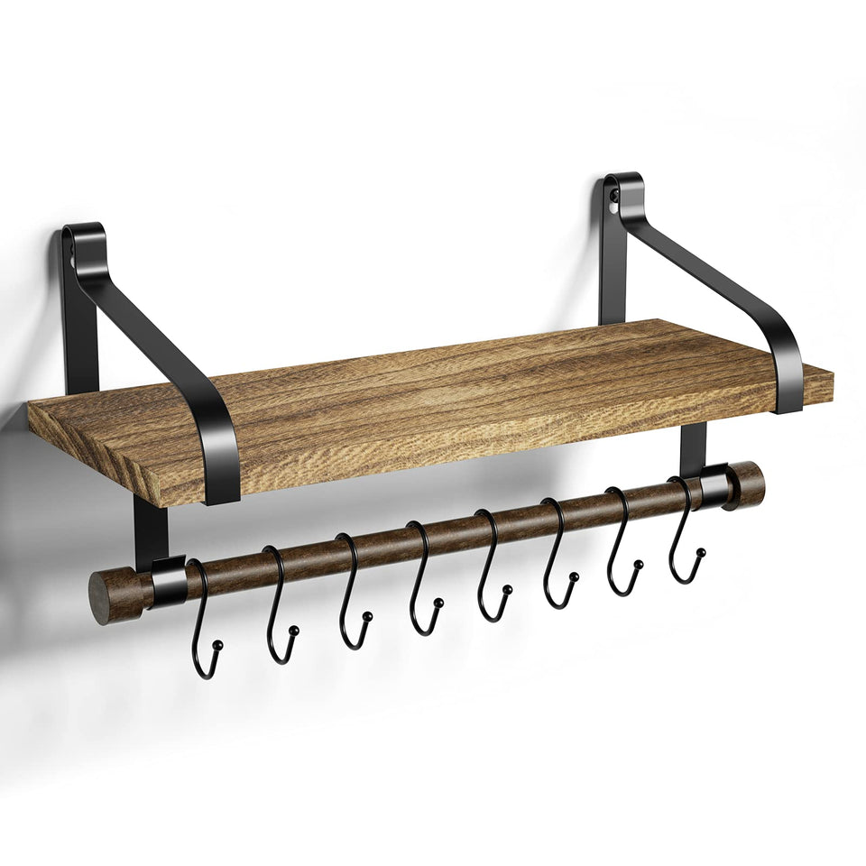Love-KANKEI floating shelf with spice rack and hooks for organized kitchen storage.