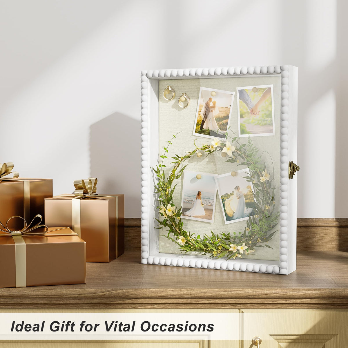 Love-KANKEI shadow box with wooden beads adds elegant border to memories.