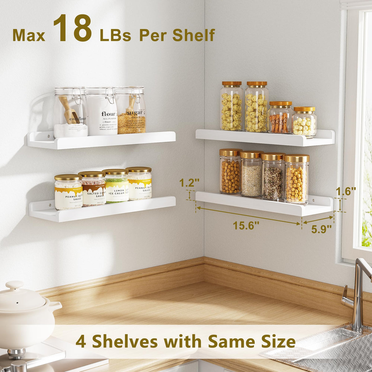 Love-KANKEI kitchen storage on white floating shelf for jars and spices