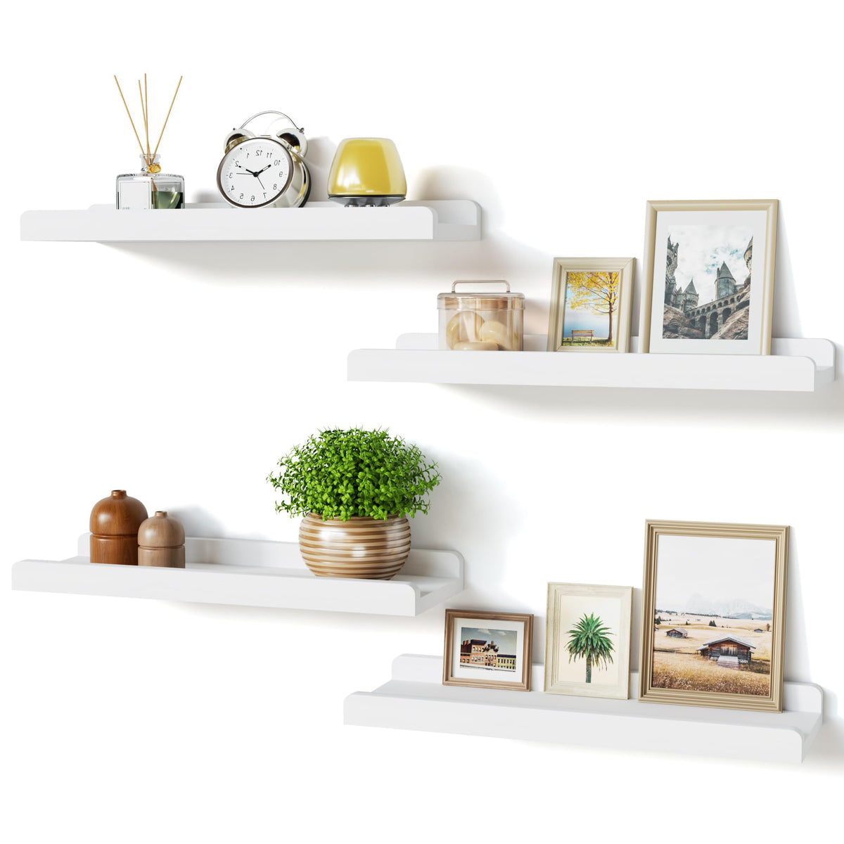 Love-KANKEI white floating shelves set of four, front lip visible for secure display