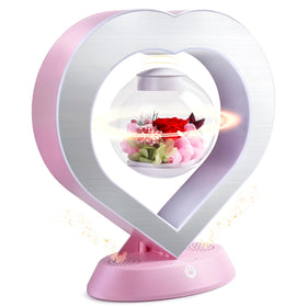 LoveLin heart-rose levitating globe centerpiece with pink preserved bloom.