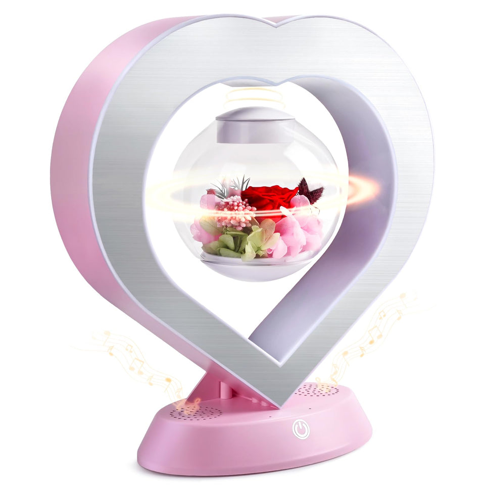 LoveLin heart-rose levitating globe centerpiece with pink preserved bloom.