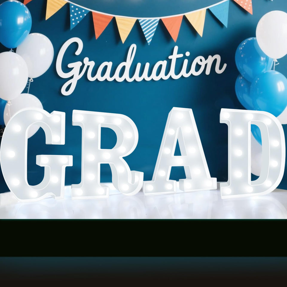 Lovelite grad sign letters g-r-a-d powered by batteries for portable party decor.