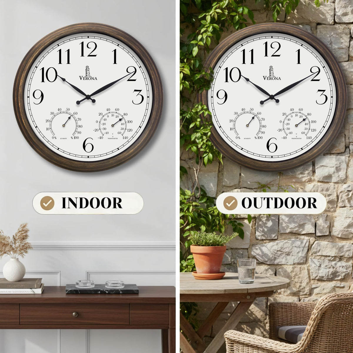 Bronze finish on the clock complements various outdoor décor styles.