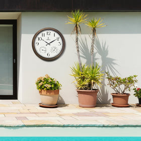 Clock designed for both indoor and outdoor spaces with versatile placement options.