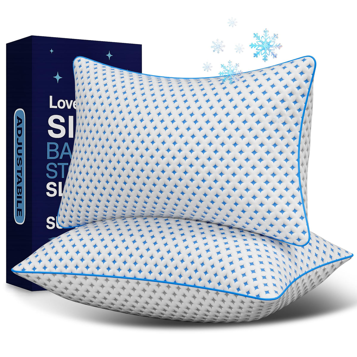LOVELYREST memory foam pillows two-pack on a bed ready for customization