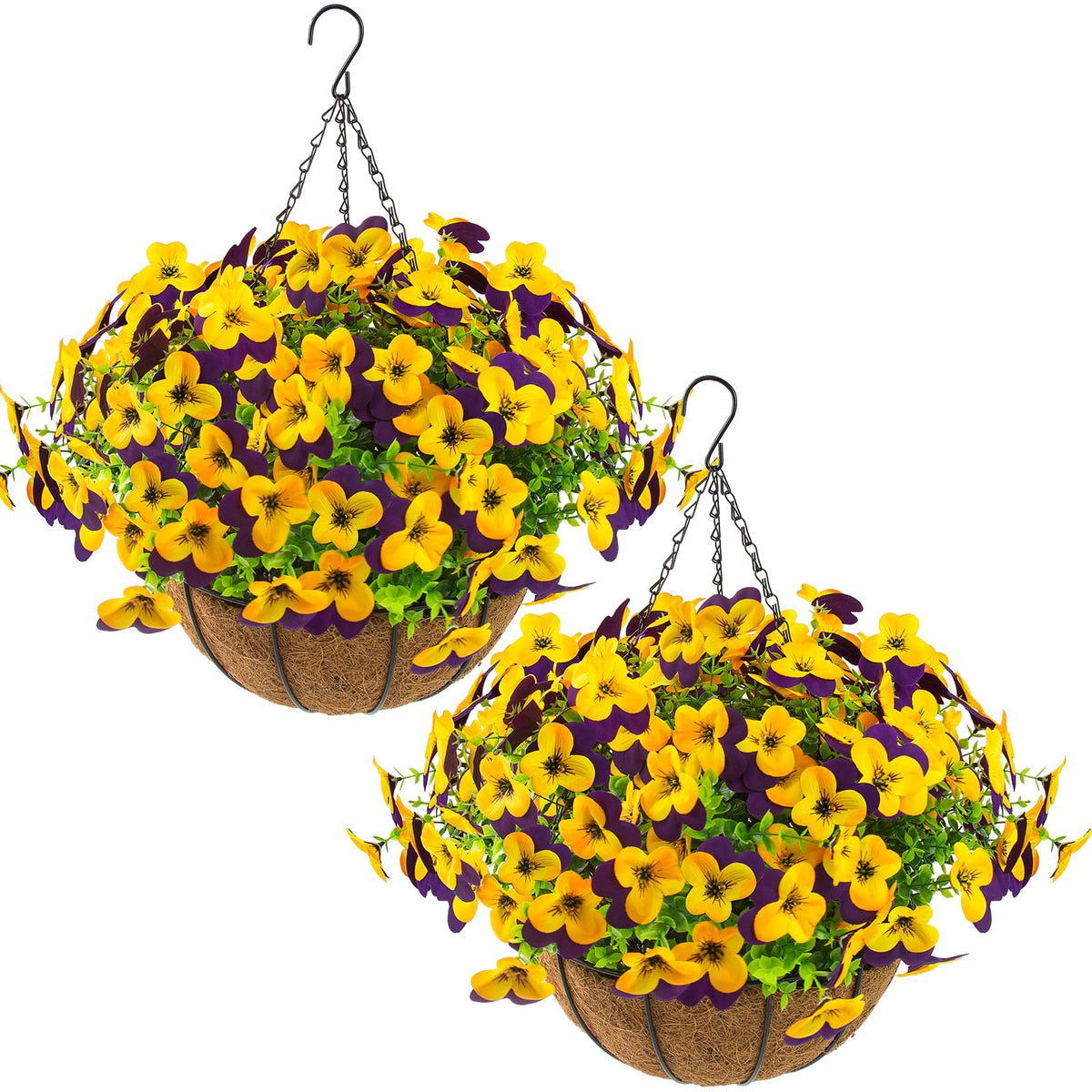 Lovemoon artificial outdoor pansies in hanging baskets for an easy seasonal display.