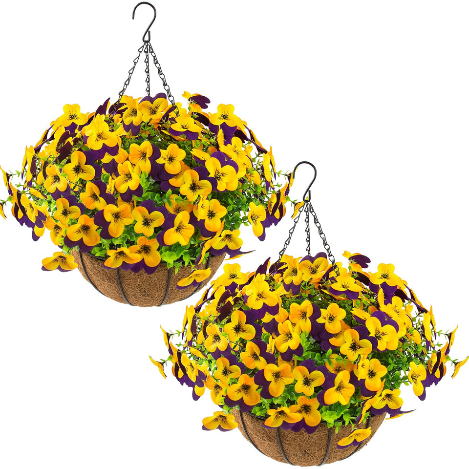 Lovemoon artificial outdoor pansies in hanging baskets for an easy seasonal display.