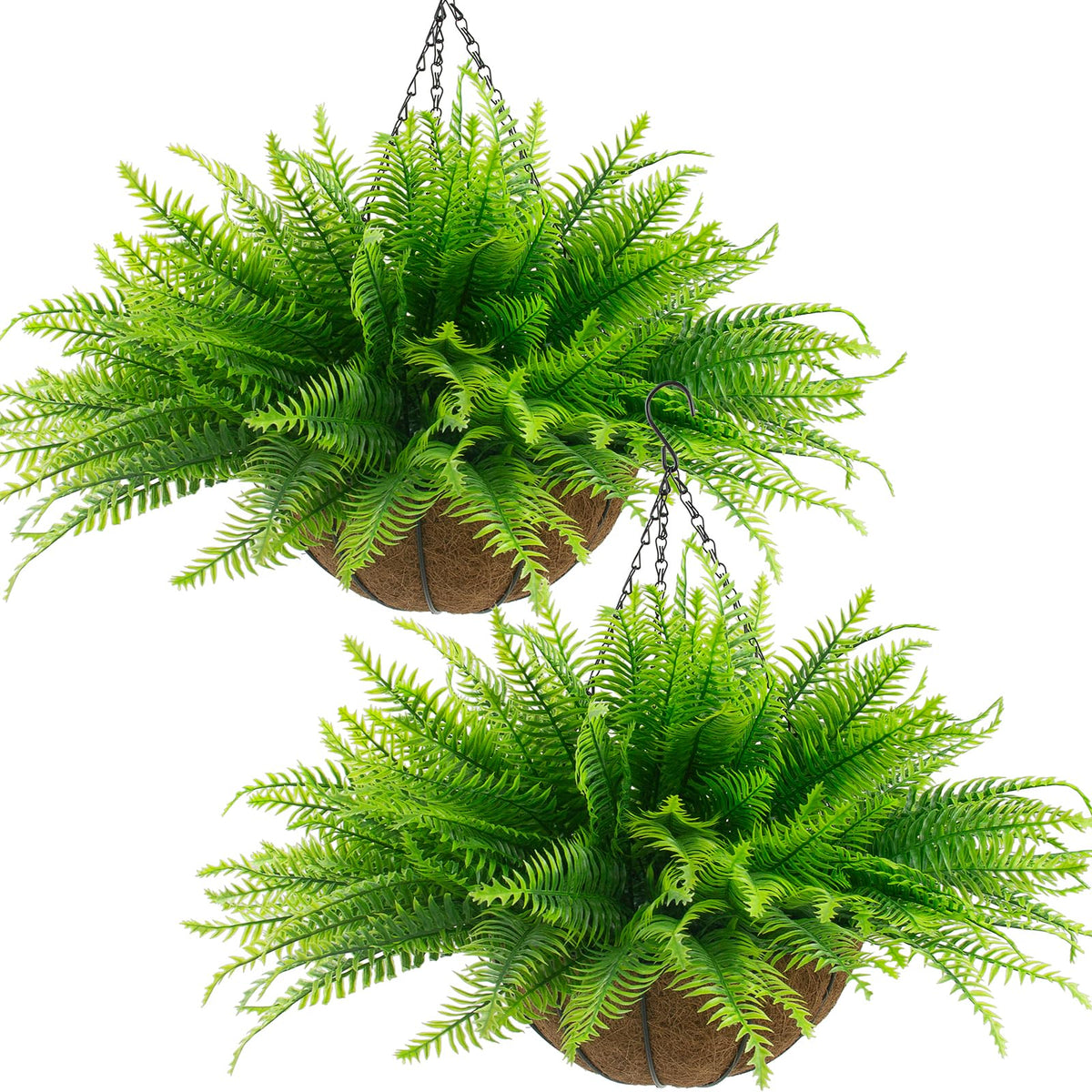 Lovemoon fake ferns hanging basket front view adds maintenance-free greenery to your porch.