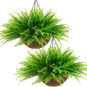 Lovemoon fake ferns hanging basket front view adds maintenance-free greenery to your porch.