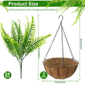 Lovemoon fake ferns hanging baskets side angle shows lush leaves for outdoor spaces.