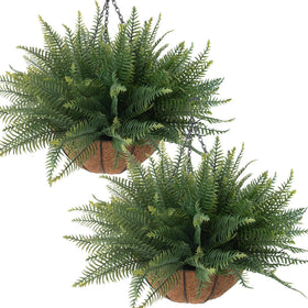 Lovemoon fake ferns hanging basket closeup; lifelike texture for year-round greenery