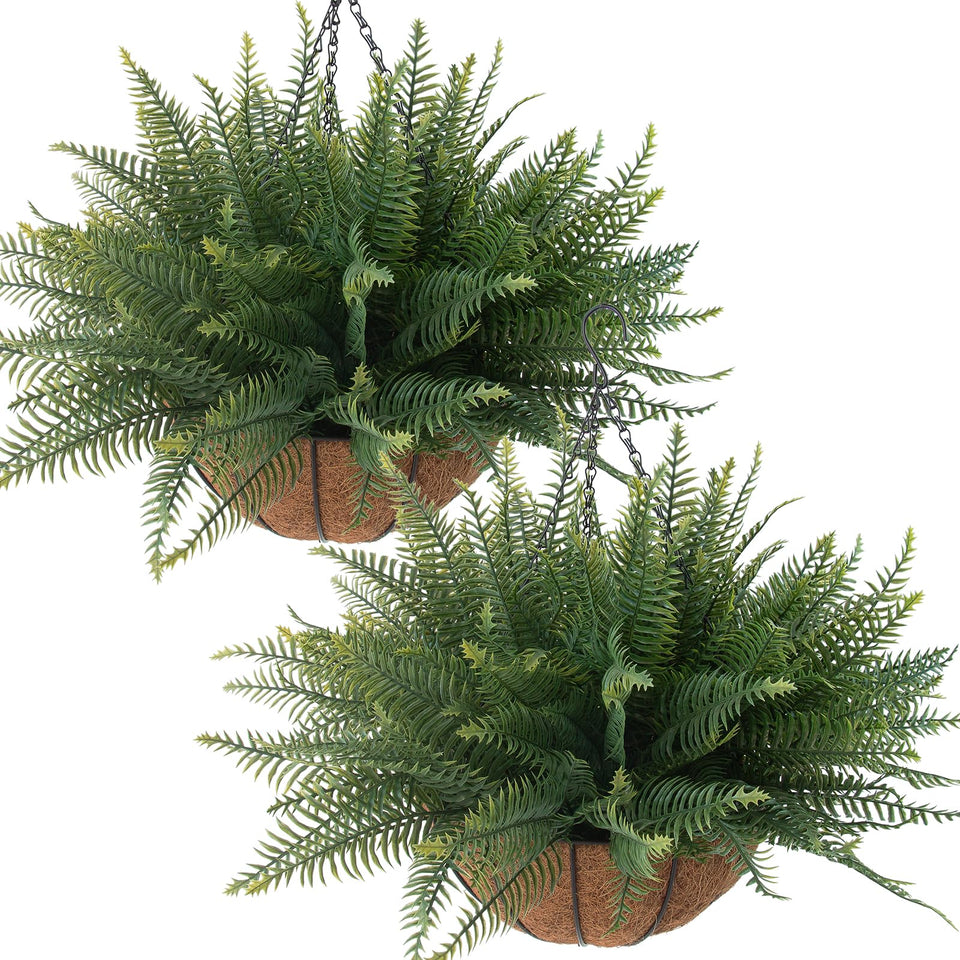 Lovemoon fake ferns hanging basket closeup; lifelike texture for year-round greenery