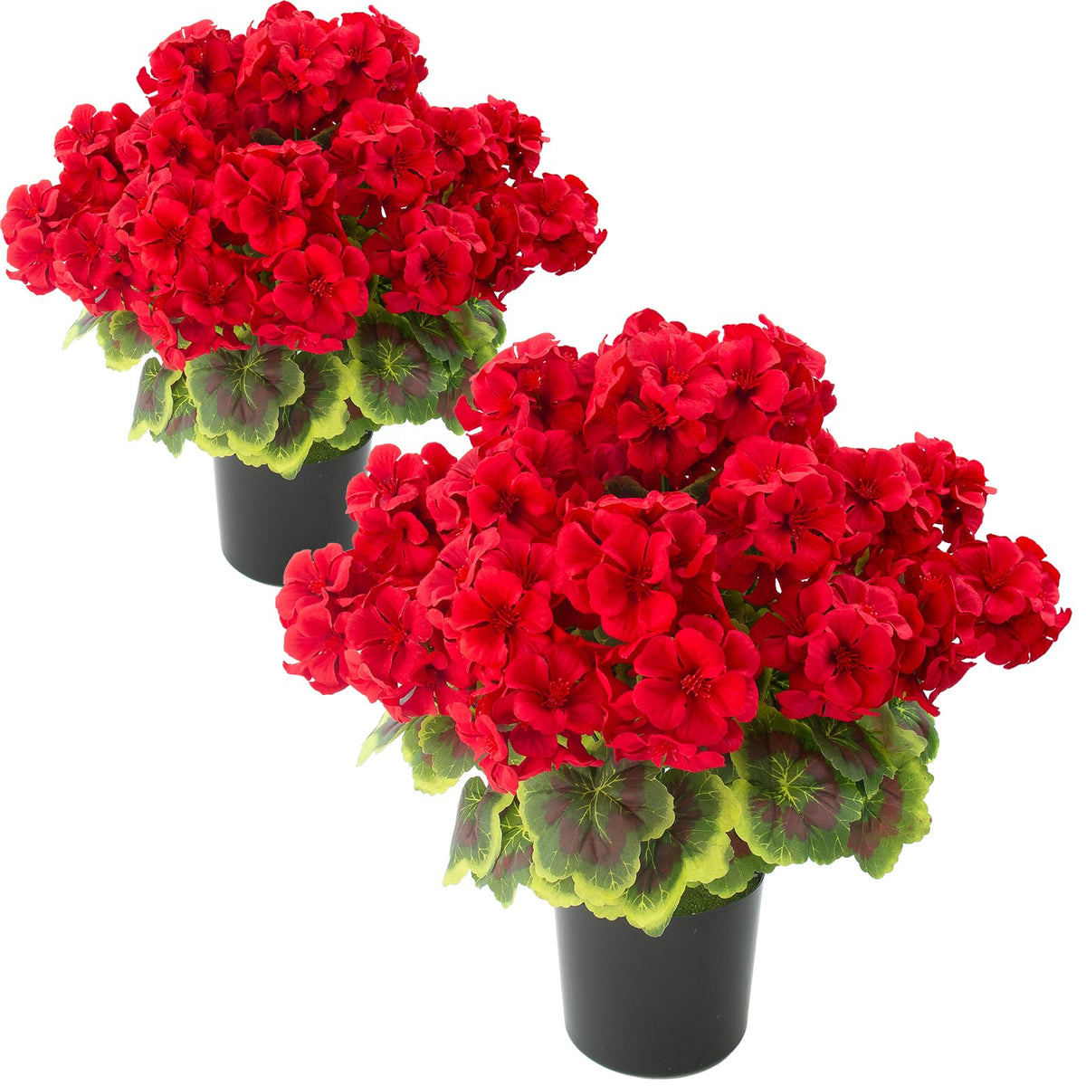 Lovemoon geranium potted artificial flowers with vibrant red blooms for outdoor décor.