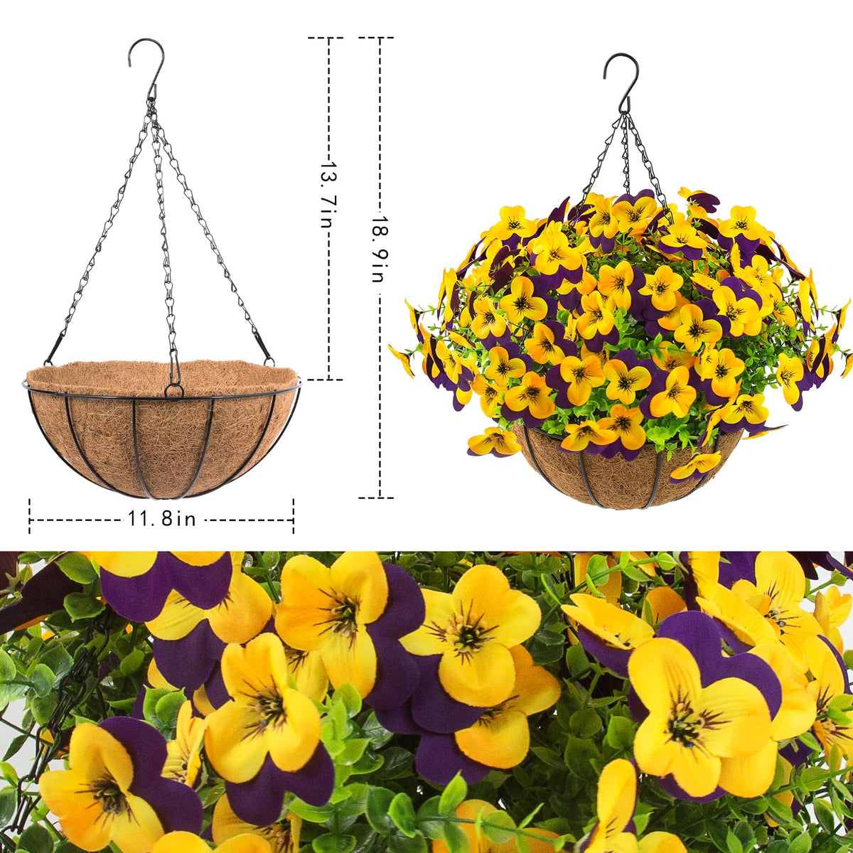 Lovemoon pansy flowers close-up in a hanging basket showing lifelike silk detail.