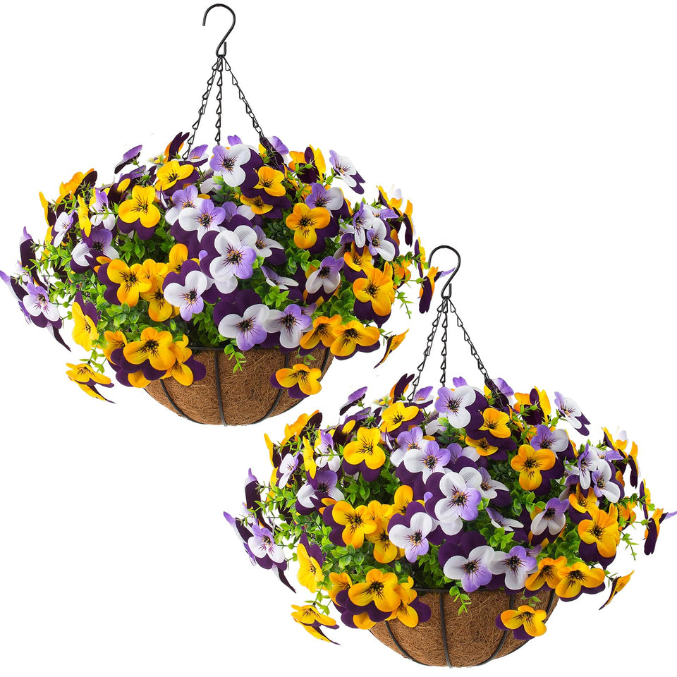 Lovemoon pansy hanging baskets set on a porch with vibrant year-round color.