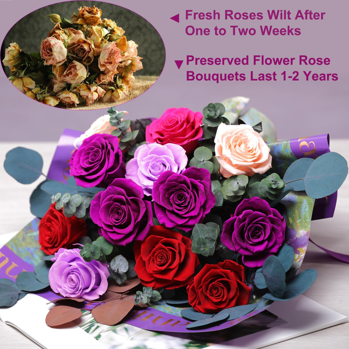 Lovenfold 12-purple-a roses close-up, vibrant color preserved for years.