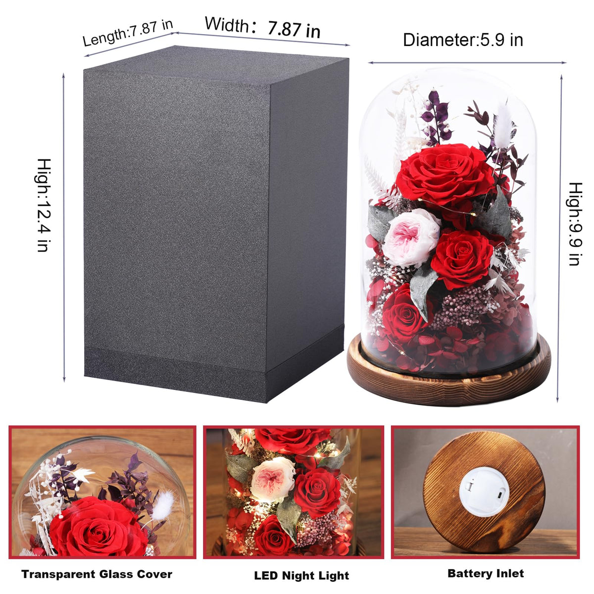 Lovenfold glass dome LED-lit display showcases preserved blooms