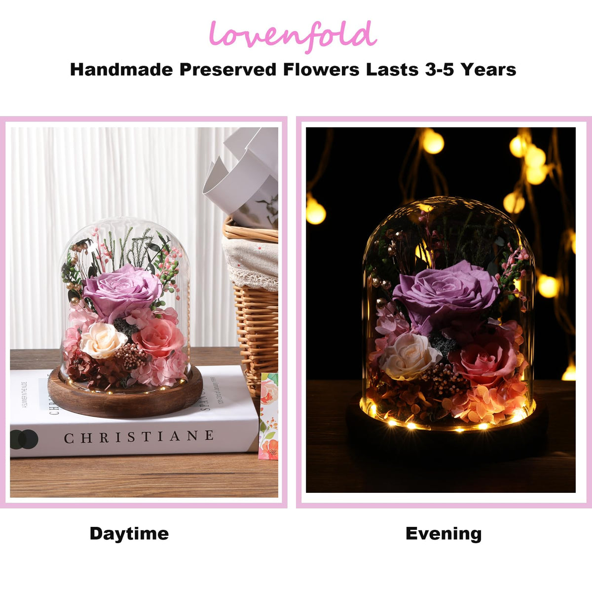 Lovenfold LED-base glass-dome glow enhances nighttime display.
