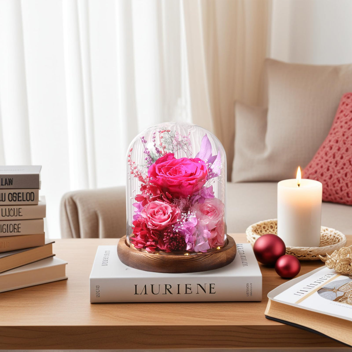 Lovenfold log-base rose display highlights the illuminated forever rose.