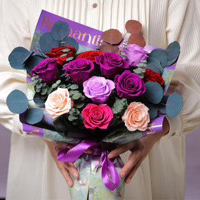 Lovenfold no-water-needed display, easy-care preserved roses for shelves.